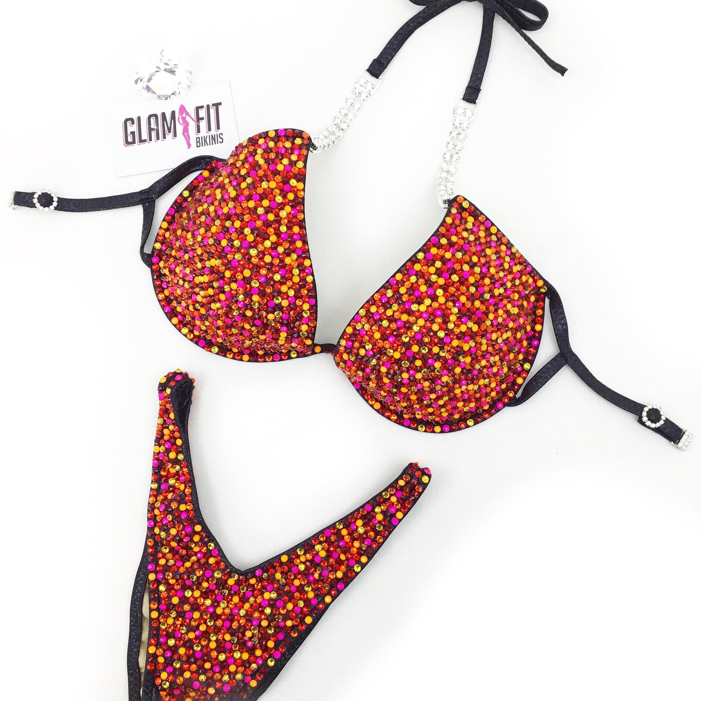 glamfit bikinis figure suit competition bikini ifbb npc icn anb embellished red orange pink