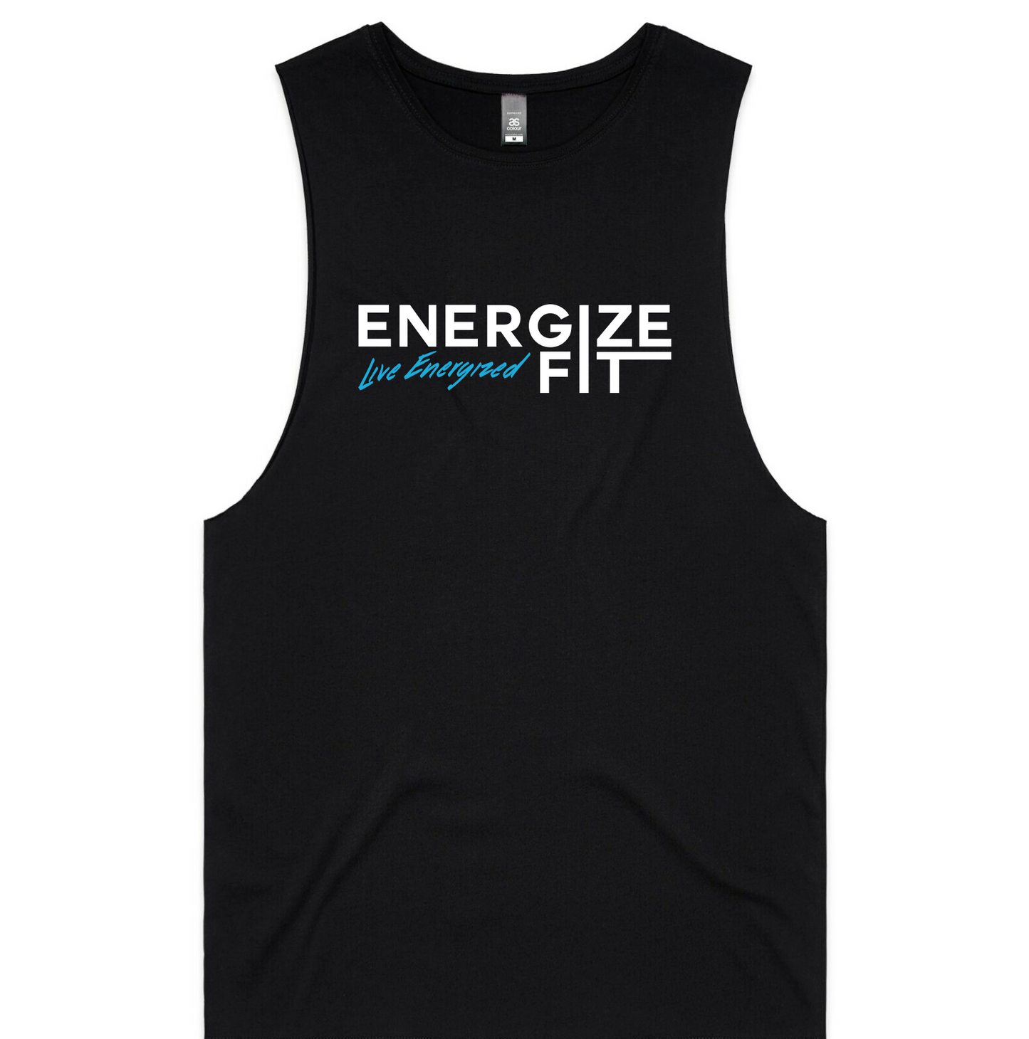 Energize Fit Black Barnard Tank - white+blue logo